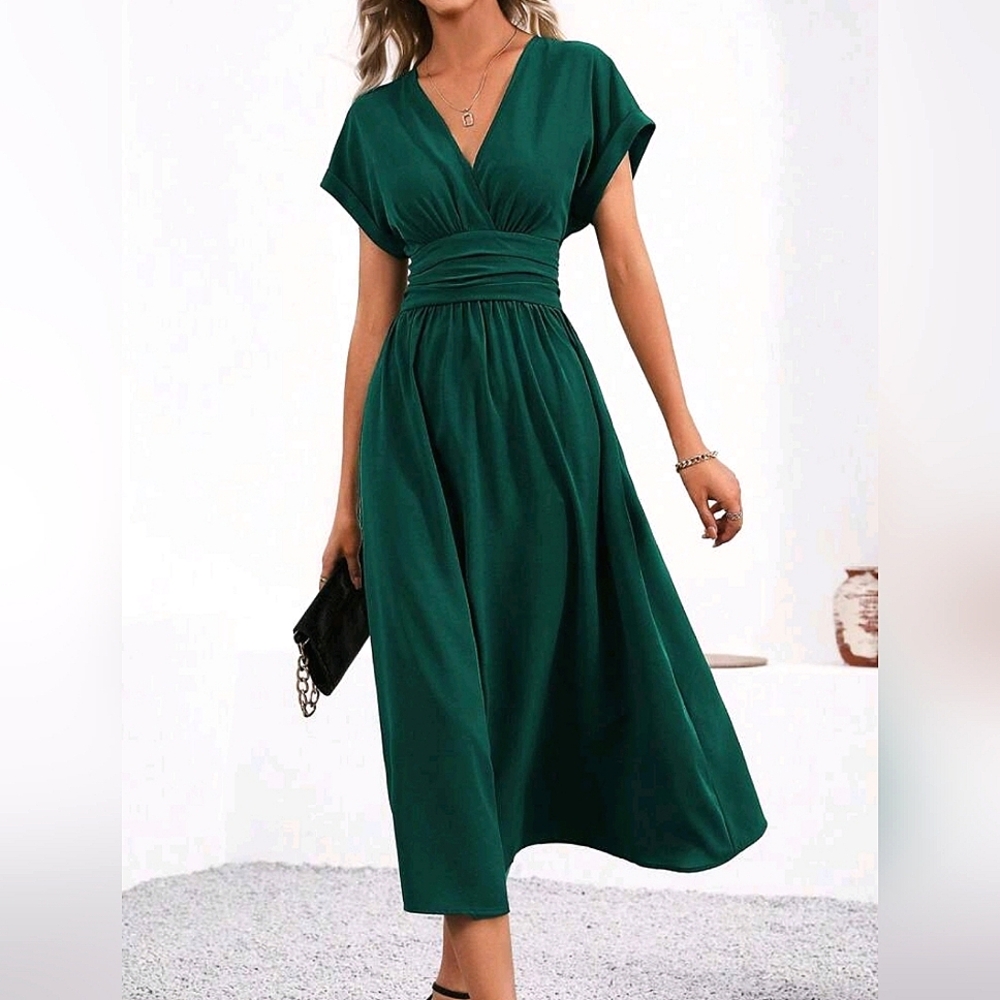 New Flowy Ruched Waist Wrap Top Midi Dress Dark Green